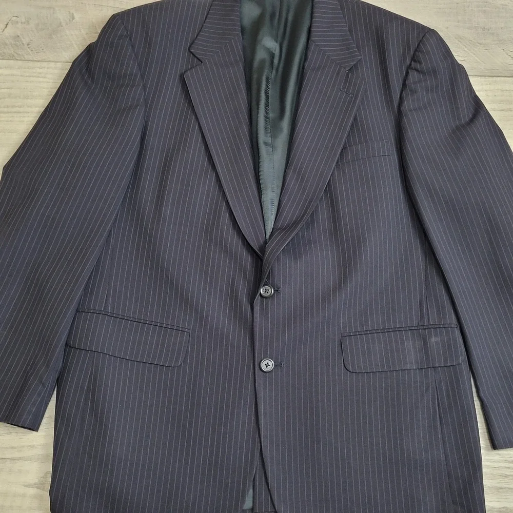Vintage‎ Lands' End Suit Mens 42R Coat/38x29 Pants 100% Wool Blue w/Pinstripe
